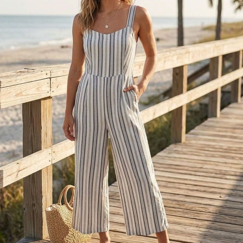 BeCool Striped Linen Blend Wide Leg Cropped Jumpsuit Smocked Back Blue Womens S